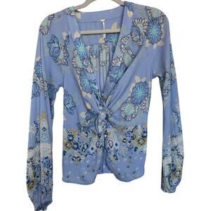 Free People Run Free Blouse Periwinkle Floral Front Tie Vneck Top Small Boho New